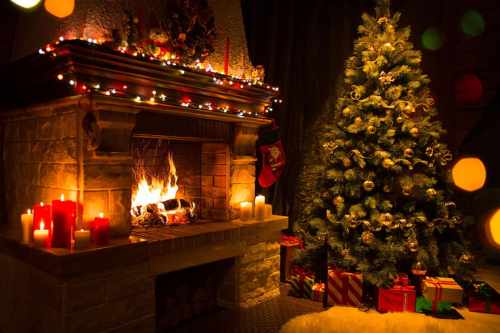 brown fireplace, tree, candles, Christmas, gifts, New year, flame, HD wallpaper