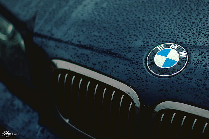 black BMW vehicle, drops, logo, the hood, grille, land vehicle, HD wallpaper
