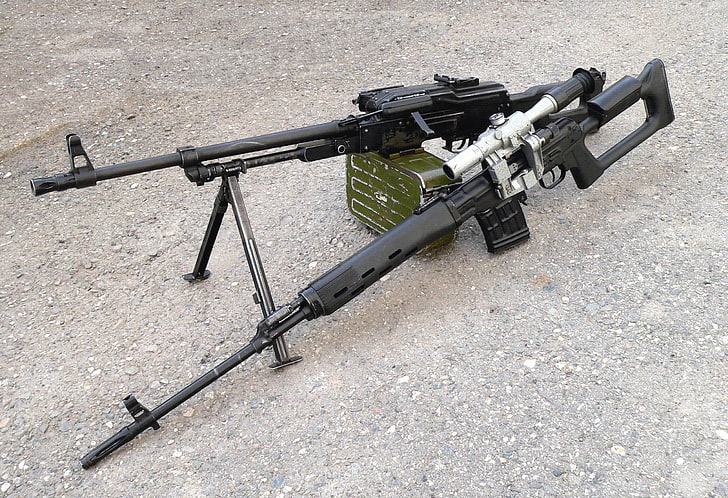two black assault rifles, cool, SVD, PKM, Dragunov sniper rifle