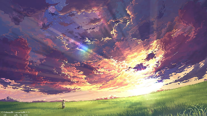 Hd Wallpaper Anime Clouds Sky Sunset Sun Rays Field Scenics