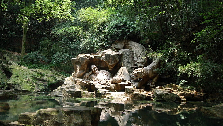lying man statue, China, sculpture, tiger, water, tree, plant