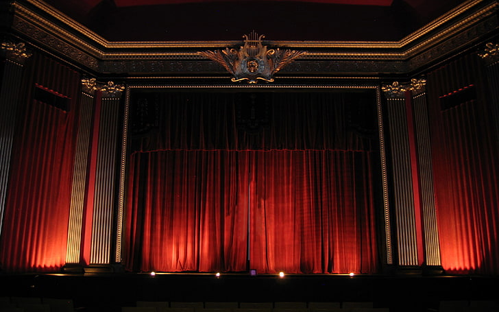 red window curtains, theatre, waiting, stage - Performance Space
