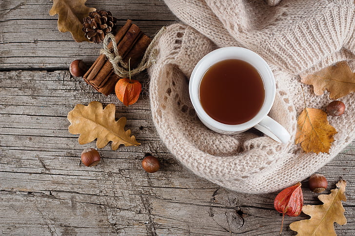autumn, leaves, background, tree, coffee, colorful, Cup, wood