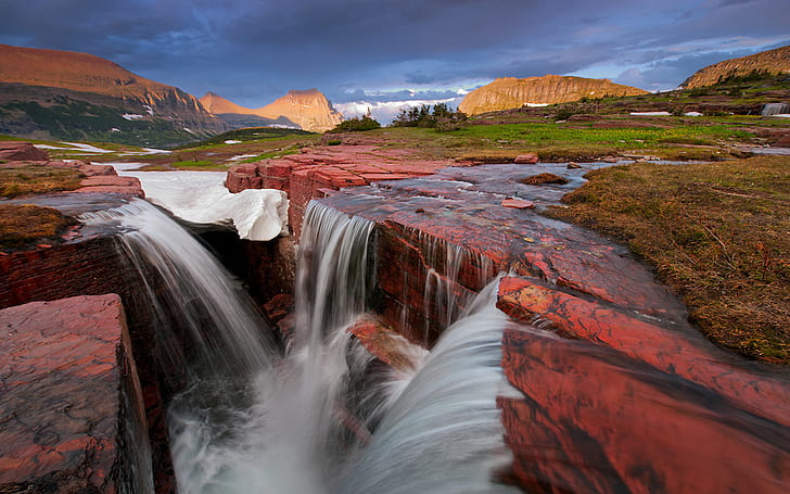 Natural Mountain Stream Waterfall Stones Rocks Triple Falls, Glacier National Park, Montana Desktop Wallpaper Hd Free Download, HD wallpaper