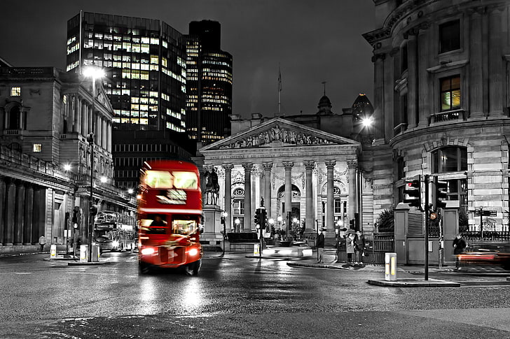 red double decker bus, road, night, city, the city, lights, black and white, HD wallpaper