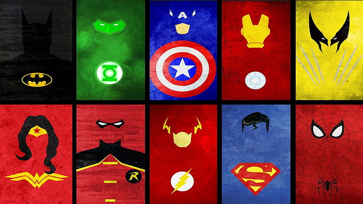 10 superheroes symbol collage, Marvel Comics, DC Comics, Wonder Woman, HD wallpaper