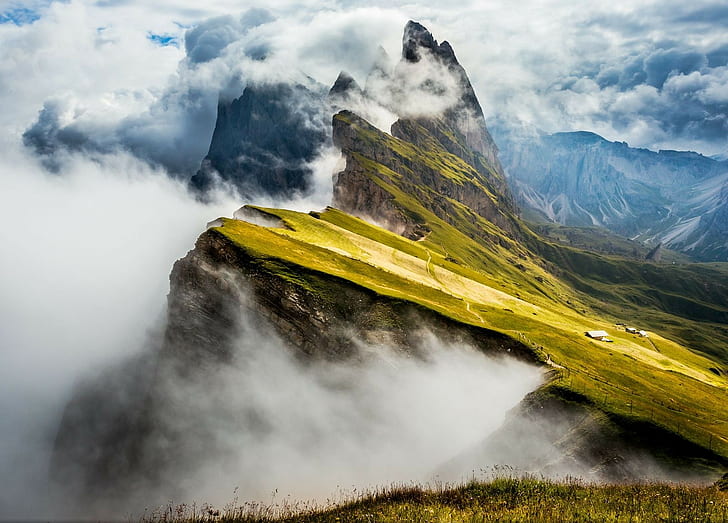 nature photography landscape mountains clouds grass cabin summit alps seiser alm, HD wallpaper