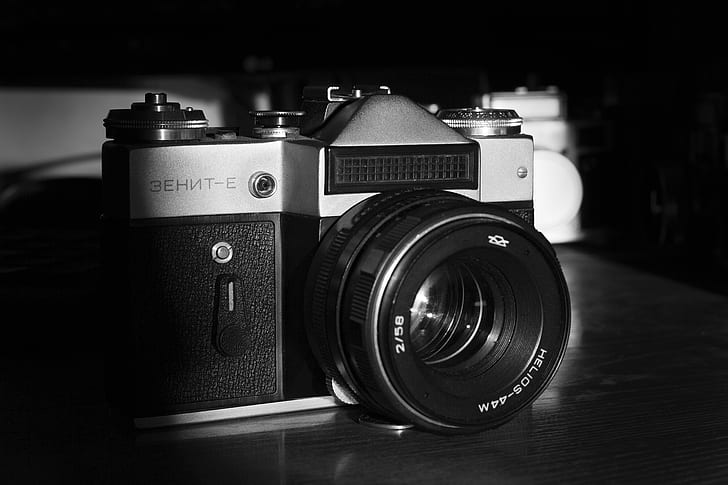 Zenit, film, the camera, cameras, black and white, Helios 44m, HD wallpaper