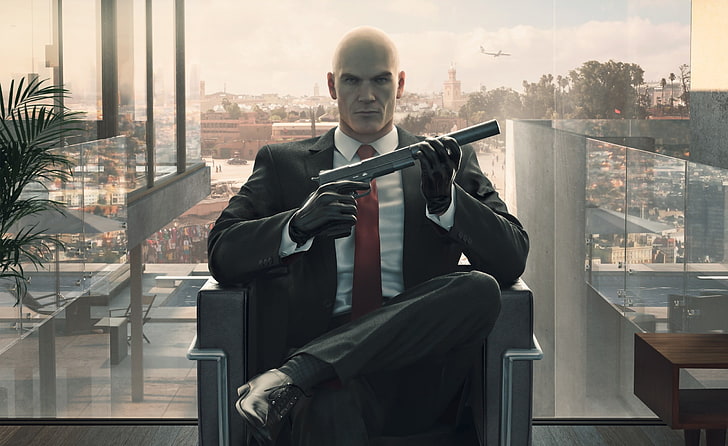Hitman Agent 42, look, gun, chair, window, bald, tie, jacket, HD wallpaper