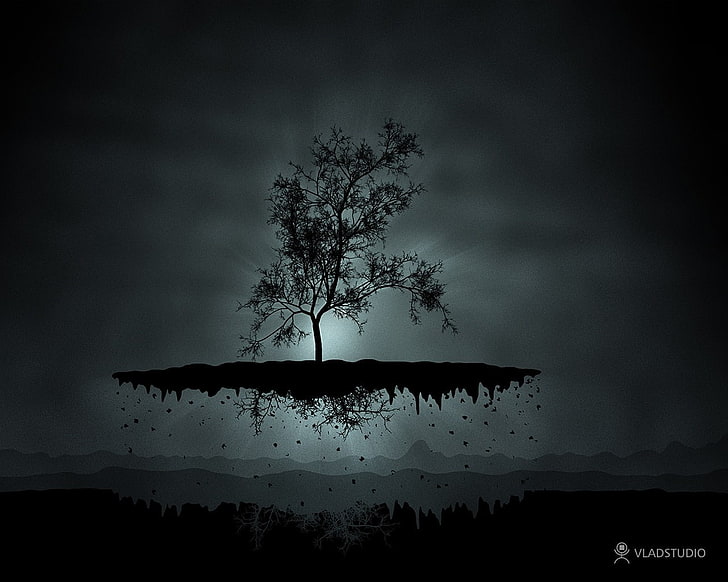 trees, floating, spooky, abstract, render, sky, cloud - sky, HD wallpaper