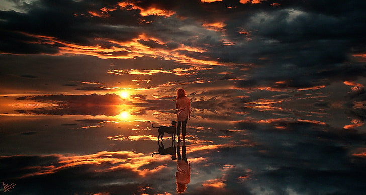 woman and dog standing on body of water digital wallpaper, sky