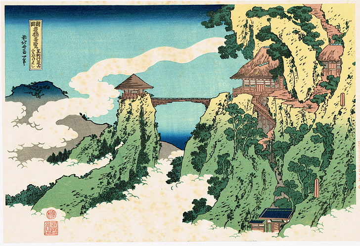 mountains painting, Hokusai, no people, nature, architecture, HD wallpaper