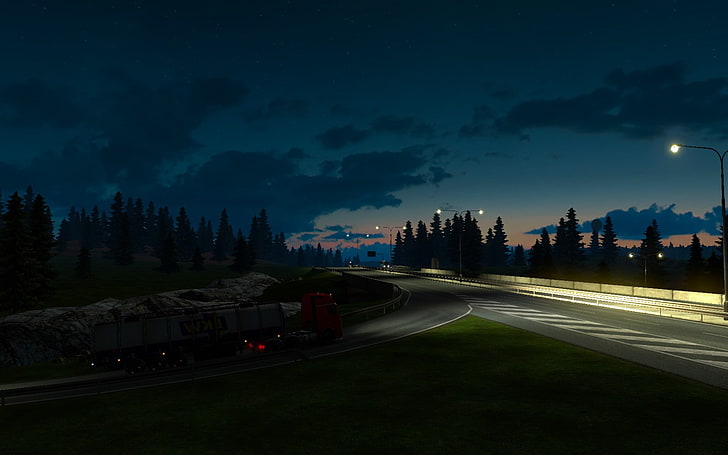 euro truck simulator 2 video games night sun morning road car trucks cargo, HD wallpaper