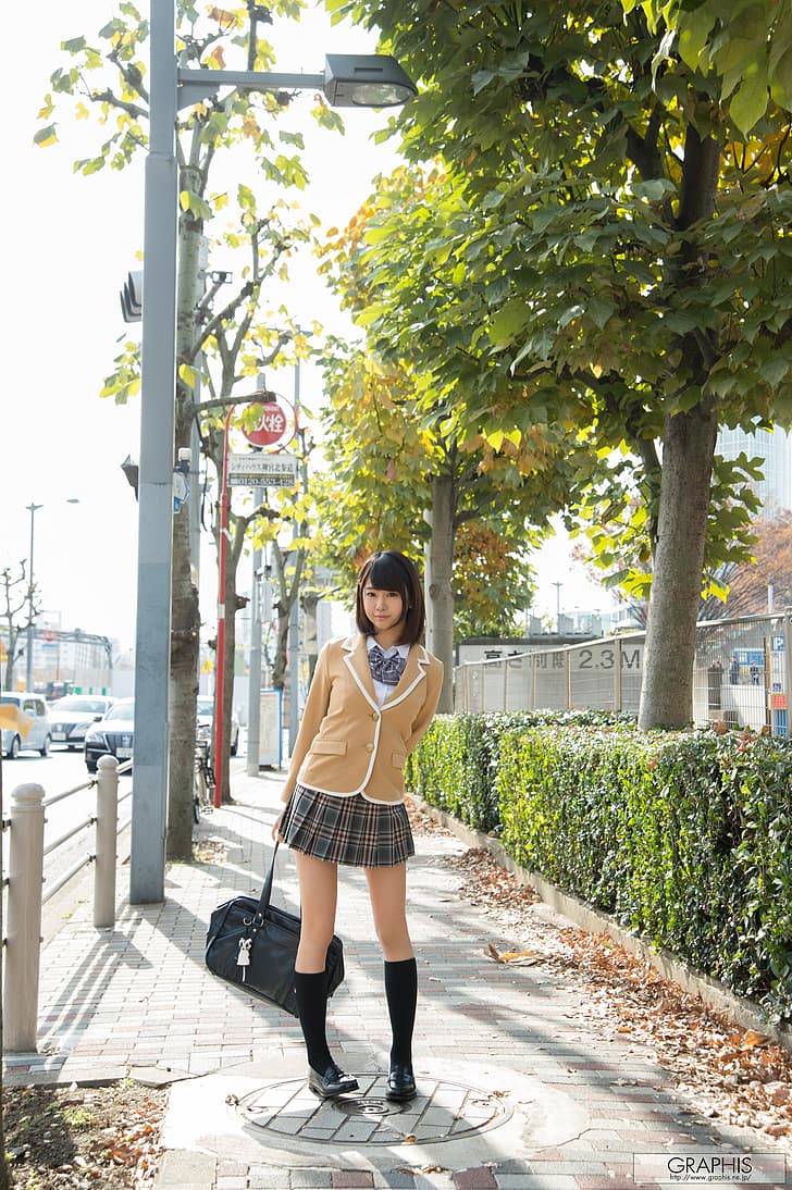 Suzu Harumiya, brunette, Asian, short hair, graphis, school uniform, HD wallpaper