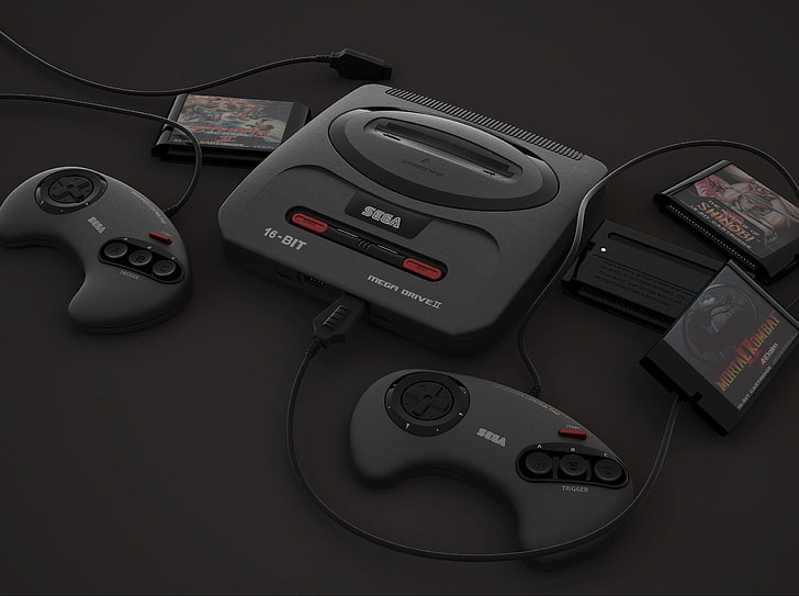 Sega console with two controllers, logo, game, games, retro, Mortal Kombat, HD wallpaper
