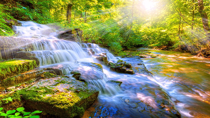 sunray, waterfall, forest, cascade, mossy, scenics - nature, HD wallpaper
