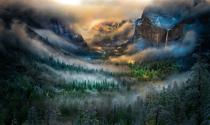 winter, forest, mountains, fog, dawn, waterfall, valley, California, HD wallpaper