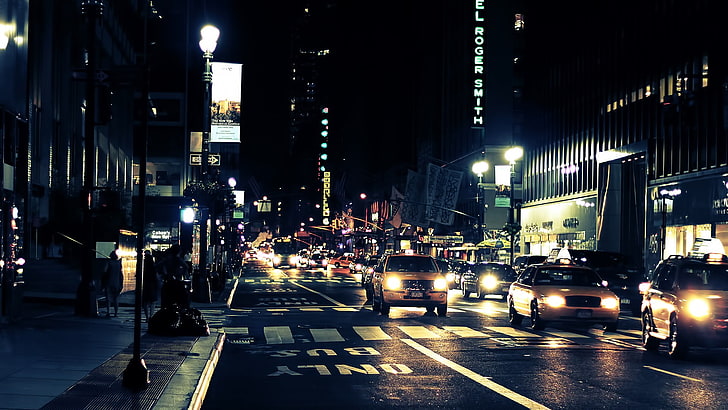 yellow taxi vehicle, night, New York City, city lights, traffic lights