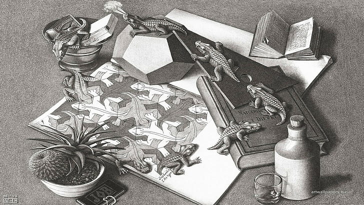 3d, animals, artwork, books, bottles, drawing, M. C. Escher