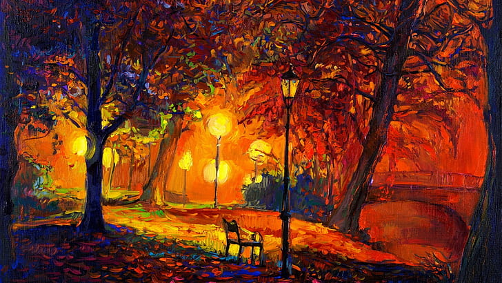 digital art nature trees painting park bench lamps fall leaves modern impressionism artwork, HD wallpaper