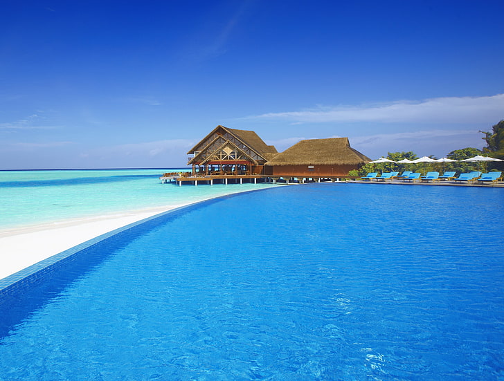 brown wooden house, sea, clear water, pool, the Maldives, Bahamas