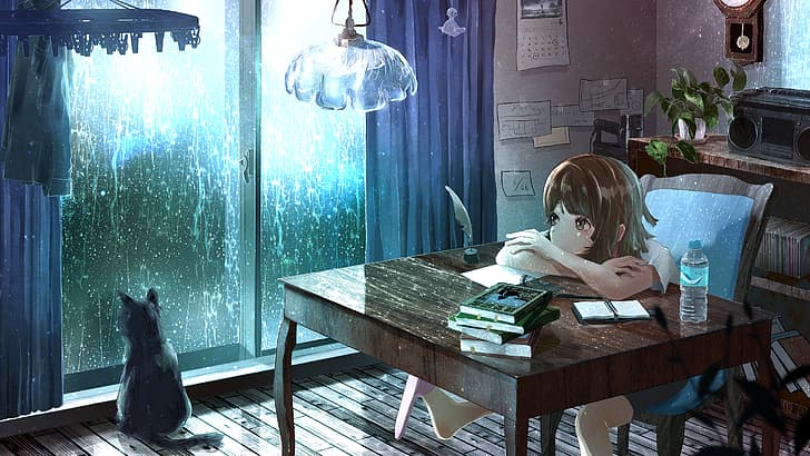 HD wallpaper: anime girls, cats, room, window, rain, original characters |  Wallpaper Flare