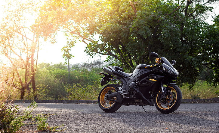 black Yamaha sports bike, the sun, trees, motorcycle, yzf-r1, HD wallpaper