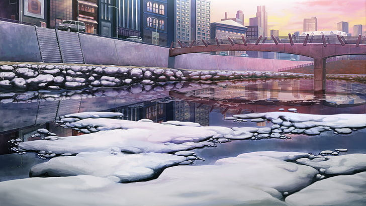 artwork, snow, river, bridge, building, cityscape, water, winter