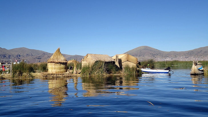 brown nipa hut, lake titicaca, boat, grass, sky, nature, water