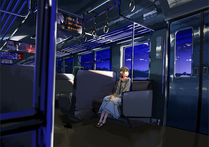 headphones, anime, digital art, train, clouds, anime girls, HD wallpaper