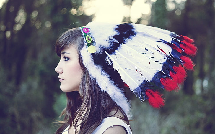 brunette, headdress, feathers, profile, model, women, face, HD wallpaper