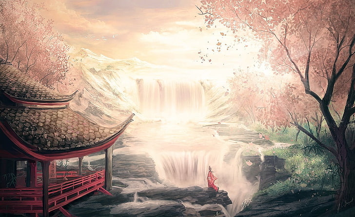 waterfalls painting, Japanese Garden, cherry trees, fantasy art, HD wallpaper