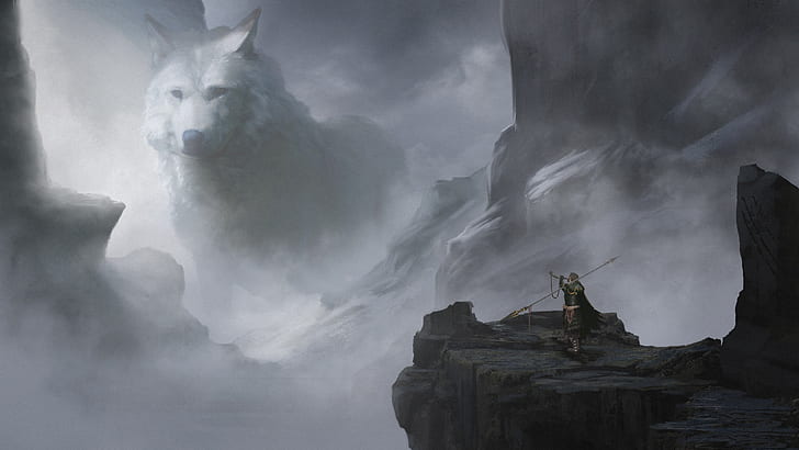 illustration, Wolf, giant, warrior, mountains, fantasy art