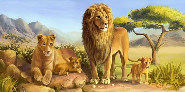 lion family illustration, cats, stones, tree, predators, Leo