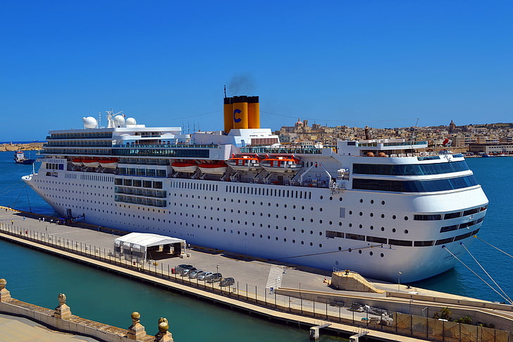 white cruise ship, liner, costa neoromantica, dock, pier, transportation, HD wallpaper