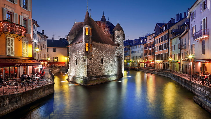 canal, night, evening, palais de lisle, courthouse, annecy, HD wallpaper