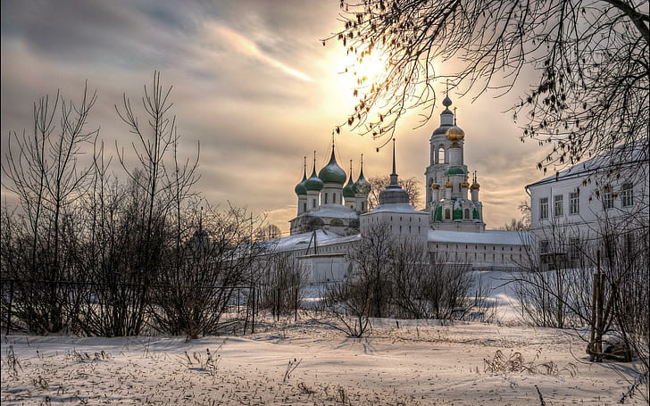 Amazing Orthodox Churches In Winter, domes, trees, nature and landscapes