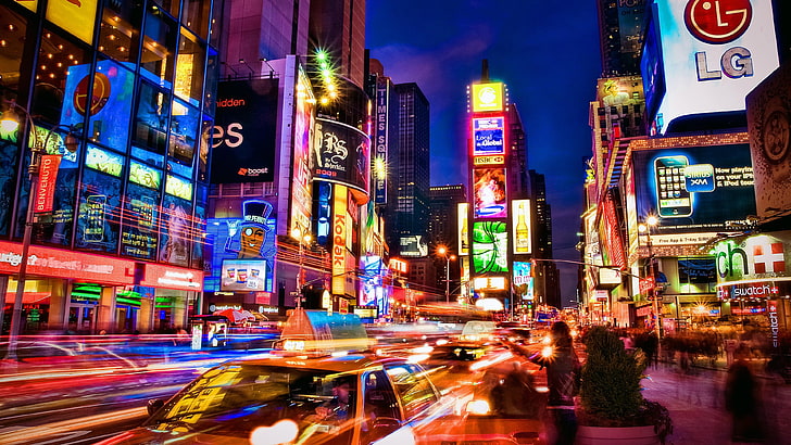 times square, city lights, photography, long exposure, neon lights