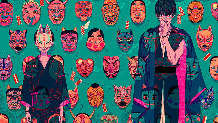 Akiakane, oni mask, Japan, samurai, green background