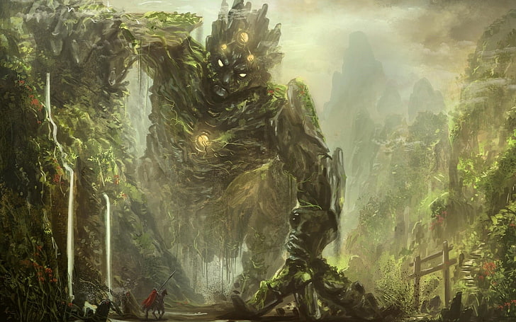 warrior in front of rock monster digital wallpaper, fantasy art, HD wallpaper
