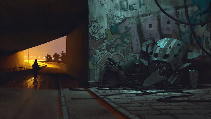 graffiti wall, cyberpunk, futuristic, science fiction, Simon Stålenhag