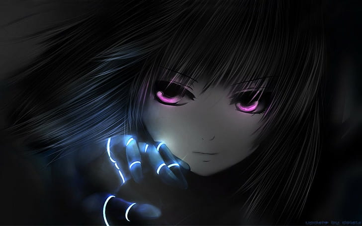 anime, women, glowing, smoke, purple eyes, long hair, dark hair
