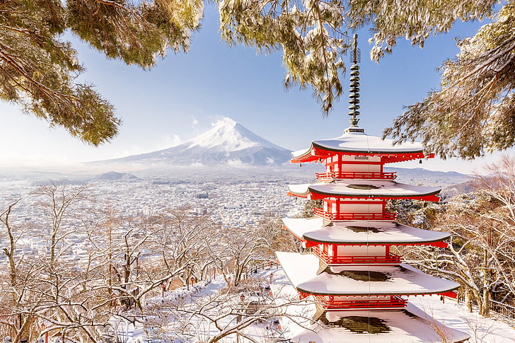 winter, mountain, Japan, pagoda, Fuji, snow, cold temperature, HD wallpaper