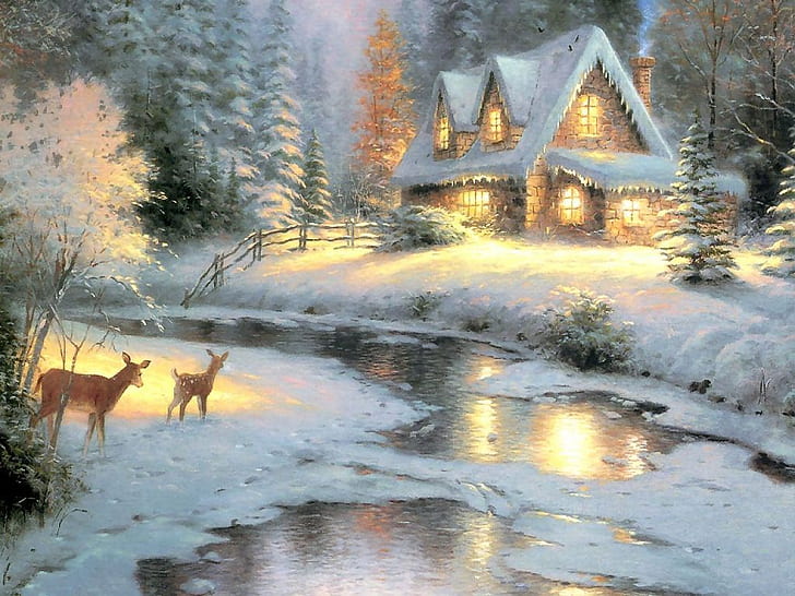 art Christmas thomas-kinkade-deer-creek-cottage Abstract Other HD Art, HD wallpaper