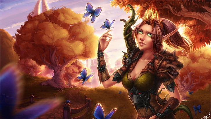 elf on forest artwork, blood elves, butterfly, fantasy art,  World of Warcraft, HD wallpaper