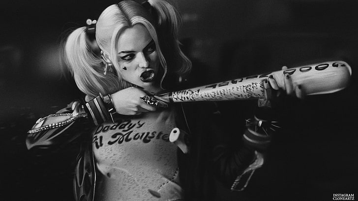 Harley Quinn wallpaper, Suicide Squad, Margot Robbie, monochrome