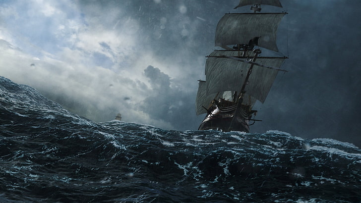 galleon boat, sea, ship, sailing ship, sky, storm, Black Sails, HD wallpaper
