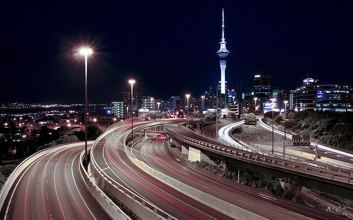 city, light trails, road, New Zealand, Auckland, England, architecture