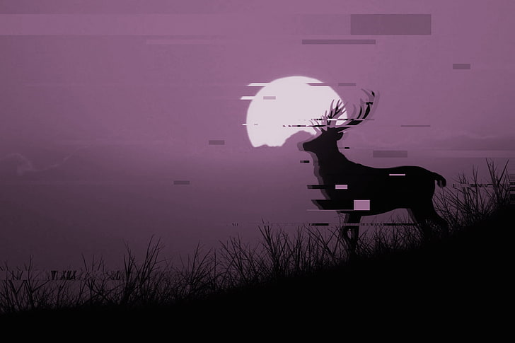 black deer on grass painting, animals, Moon, sky, glitch art