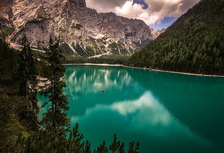 mountains, lake, boat, Italy, water surface, The Dolomites, HD wallpaper